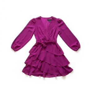 Jessica Howard Magenta Tiered Ruffle Dress 4P Petite Puff Sleeve Belted Party